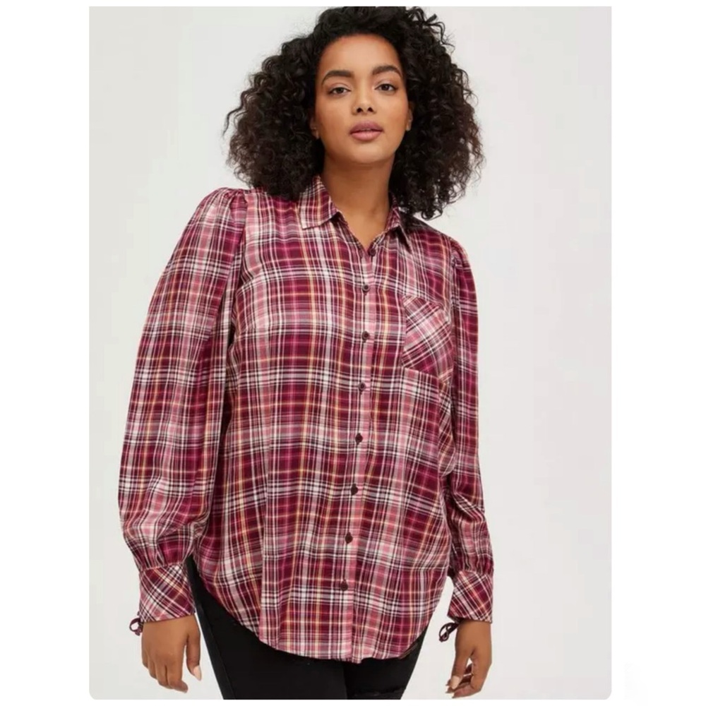 Torrid Puff Sleeve Plaid Button Up Top
